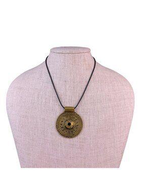 Black Rubber & Bronze Tone Pendant Necklace Tribal Look Adjustable Jewelry